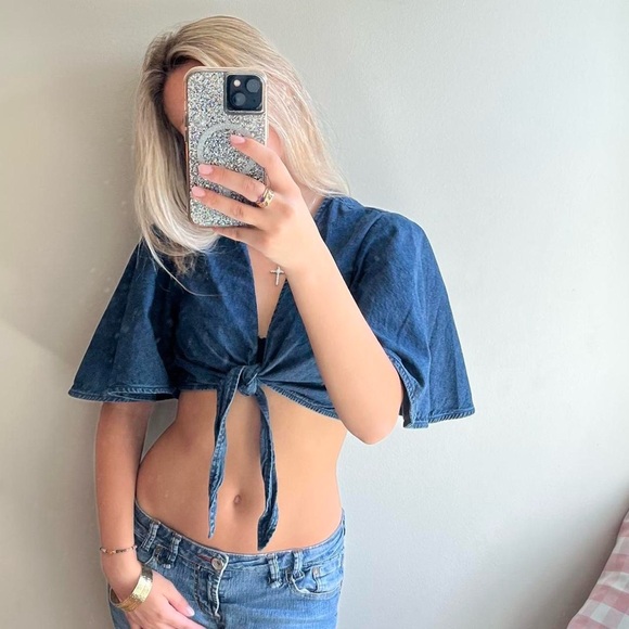Free People Tops - Free People Blue Flutter Sleeve Crop Top
